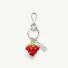 Silver keychain with a beaded red strawberry charm and green leaves, plus a small metal tag.