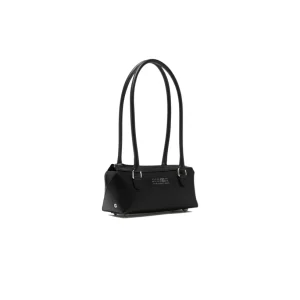 Black handbag with two long handles and a structured rectangular body, shown on a white background.