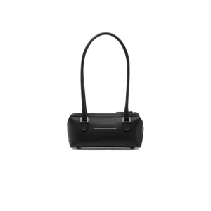 Black leather handbag with a long, curved shoulder strap and silver hardware on a white background