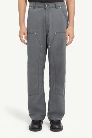 Front view of person wearing gray cargo pants with knee-panel seams and large side pockets, black shoes visible