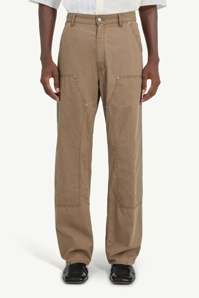 Tan khaki utility pants with large patch pockets at thighs and belt loops, full-length, straight leg