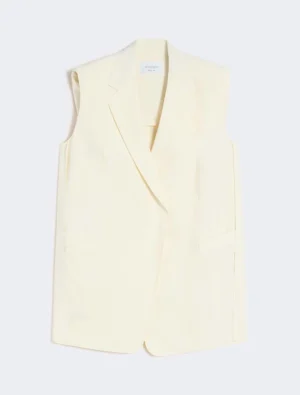 Cream sleeveless blazer with a notched lapel, open front, and front pockets on a light background.
