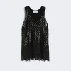 Black sleeveless mesh knit top with a diamond lattice pattern and scalloped lace hem.
