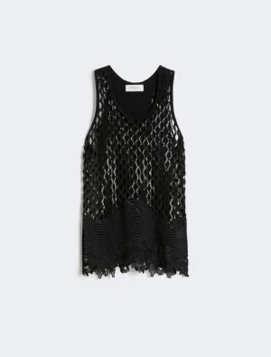 Black sleeveless mesh knit top with a diamond lattice pattern and scalloped lace hem.