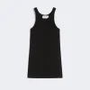 Black sleeveless ribbed dress laid flat on a light background, simple everyday style.