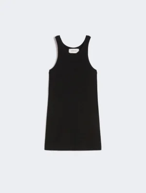 Black sleeveless ribbed dress laid flat on a light background, simple everyday style.