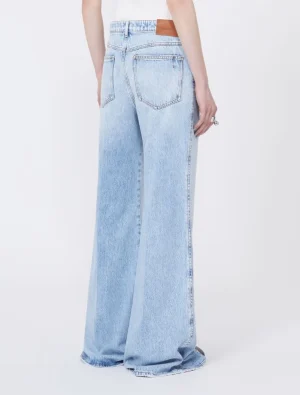 Back view of a person wearing light-wash wide-leg jeans with a high waist and two back pockets.