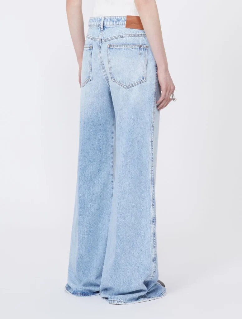 Back view of a person wearing light-wash wide-leg jeans with a high waist and two back pockets.