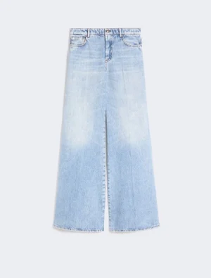 Light blue faded wide-leg denim jeans with five pockets and belt loops on a neutral background.