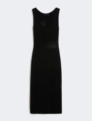 Black sleeveless knit midi dress with transparent perforated panels across the bodice, waist, and hem.