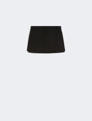 Black mini skirt with two buttons at the waistband, shown from the front.