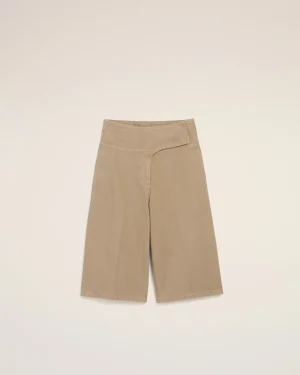 Beige-brown wide-leg pants cropped at the waist against a light neutral background