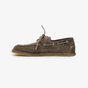 Brown suede boat shoe with white topstitching and a crepe sole, lace-up style.