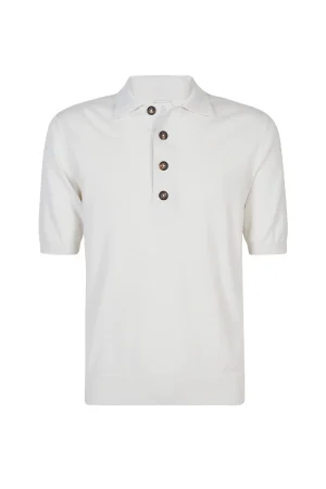 White short-sleeve knit polo with a collar and four brown buttons down the placket