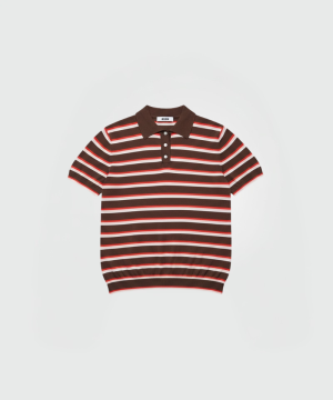 Brown polo shirt with red and white horizontal stripes, short sleeves and a three-button placket at the collar area.