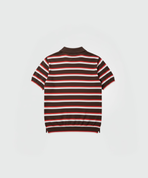 Back view of a brown-striped polo shirt with red and white horizontal stripes, short sleeves, and side vents at the hem.