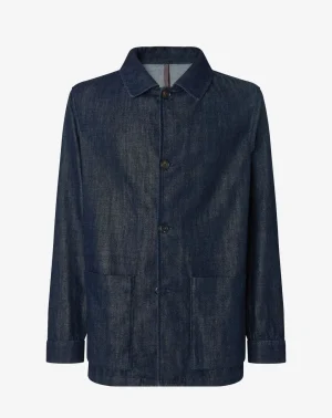 Dark indigo denim jacket with button-front closure, classic collar, and two large patch pockets at the hips l up.