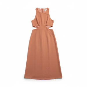 Peach sleeveless maxi dress with waist cutouts and a high round neckline, floor-length.