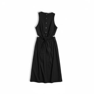 Black sleeveless midi dress with a row of buttons down the front and a fabric belt tied in a knot at the waist.