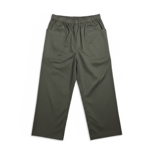 Olive green pants with an elastic waistband and two large back patch pockets, casual fit.