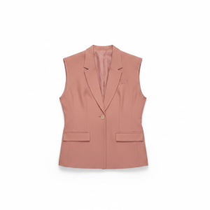Pink sleeveless blazer with notched lapels, single button, and two front flap pockets; pink lining visible inside.