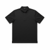 Black polo shirt laid flat on a white background, front view