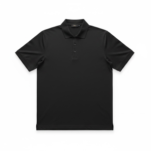 Black polo shirt laid flat on a white background, front view
