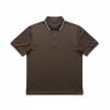 Brown polo shirt with short sleeves and a striped collar, laid flat to show design details.
