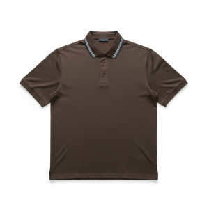 Brown polo shirt with short sleeves and a striped collar, laid flat to show design details.