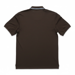 Brown polo shirt viewed from the back, short sleeves, with a striped collar edge.
