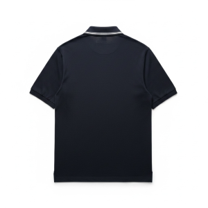 Back view of a navy polo shirt with a white-striped collar and short sleeves.