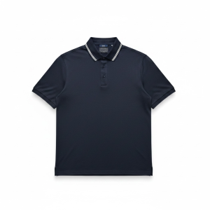 Navy polo shirt with white striped collar and placket, short sleeves, laid flat.