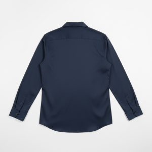 Navy blue long-sleeve shirt shown from the back with a curved hem and buttoned cuffs