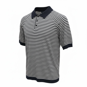 Navy and white striped polo shirt with a dark collar and short sleeves.