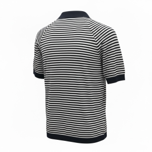 Navy-collar striped polo shirt viewed from the back with black and white horizontal stripes and dark trim at the cuffs and hem