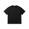 Black short-sleeve crewneck T-shirt with visible white stitching and small logo at bottom right; minimal design.