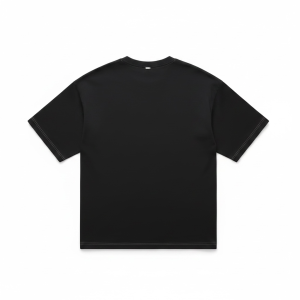 Plain black short-sleeve T-shirt laid flat, back view visible with stitched hems at sleeves and bottom edge.
