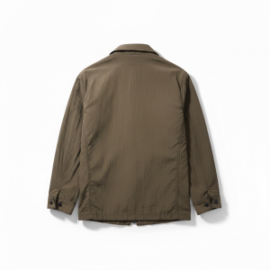 Back view of an olive-brown lightweight jacket with a collar and buttoned cuffs on white background