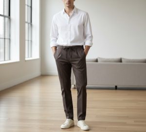 Man in a white button-down shirt and brown drawstring trousers, standing with hands in pockets in a bright living room with wooden floor.