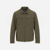 Olive utility jacket with a front zipper, two chest pockets with flaps, and a stand collar.