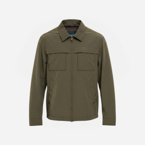 Olive utility jacket with a front zipper, two chest pockets with flaps, and a stand collar.
