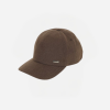 Brown baseball cap with a curved brim and textured fabric, featuring a small metal logo plate on the front left.