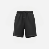 Black athletic shorts with a drawstring waist and visible white topstitching along the hem edge, knee-length color dark gray/black