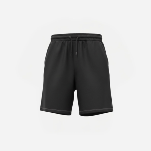 Black athletic shorts with a drawstring waist and visible white topstitching along the hem edge, knee-length color dark gray/black
