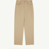 Beige wide-leg pants with belt loops and front pockets set against a light background, front fly closure