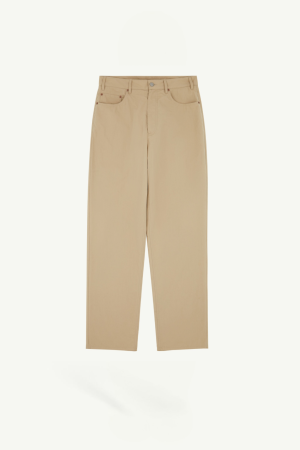 Beige wide-leg pants with belt loops and front pockets set against a light background, front fly closure