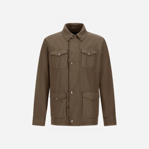 Brown utility jacket with four front pockets and button closures, chest pockets with flaps and a stand-up collar.