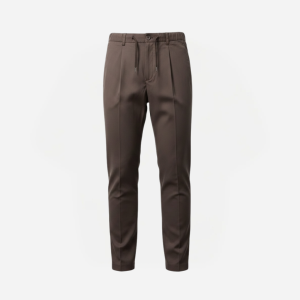 Brown tapered men’s trousers with front pleats and a drawstring/elastic waistband for a relaxed fit