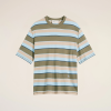 Striped crew-neck T-shirt in olive, light blue, peach and navy on a beige background, shown from the chest up.