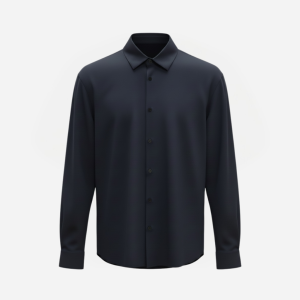 Dark navy button-down dress shirt with long sleeves and a spread collar on a neutral background.